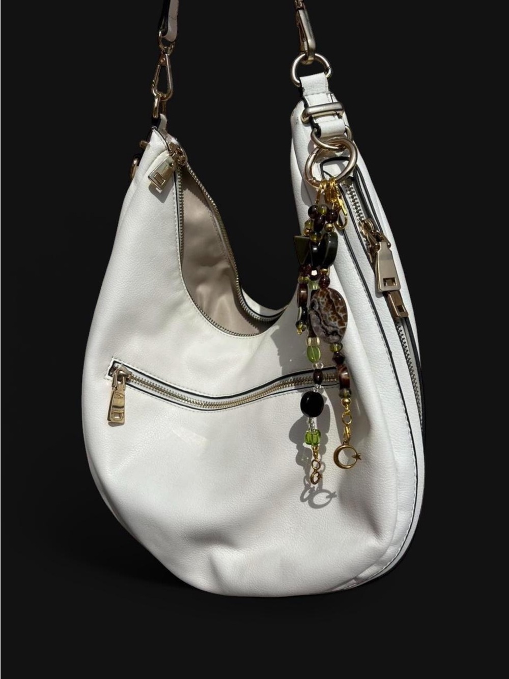 INC White Leather Hobo Bag with Beaded Charm